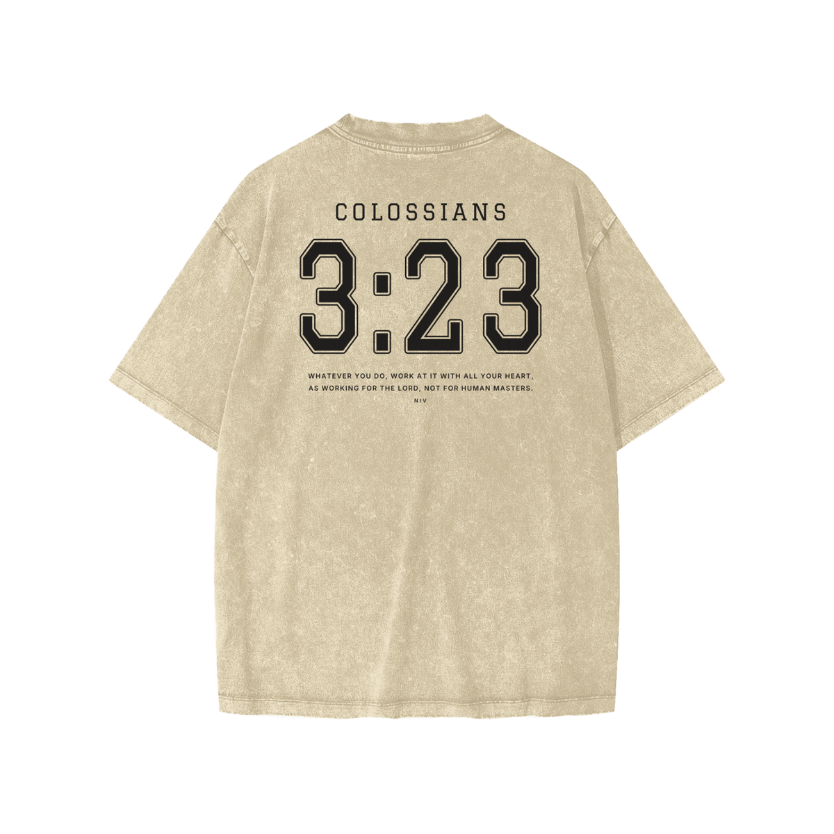 Colossians 3:23 youth tee in sand, back with COLOSSIANS 3:23 jersey numbers and verse