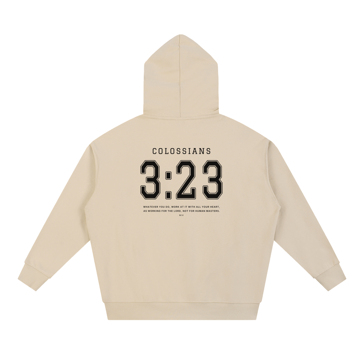 Colossians 3:23 hoodie in sand, back with COLOSSIANS 3:23 jersey numbers and verse