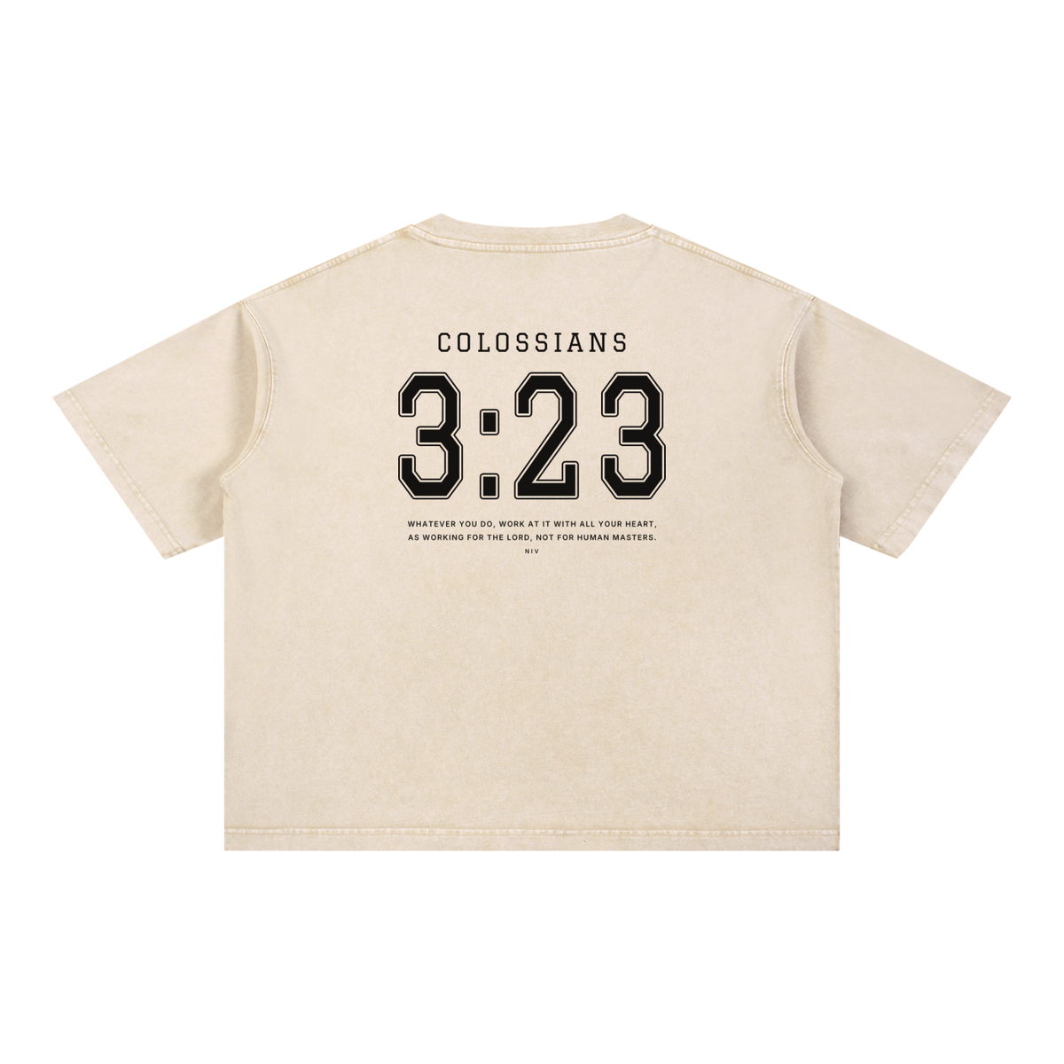 Colossians 3:23 tee in cream, back with COLOSSIANS 3:23 jersey numbers and verse