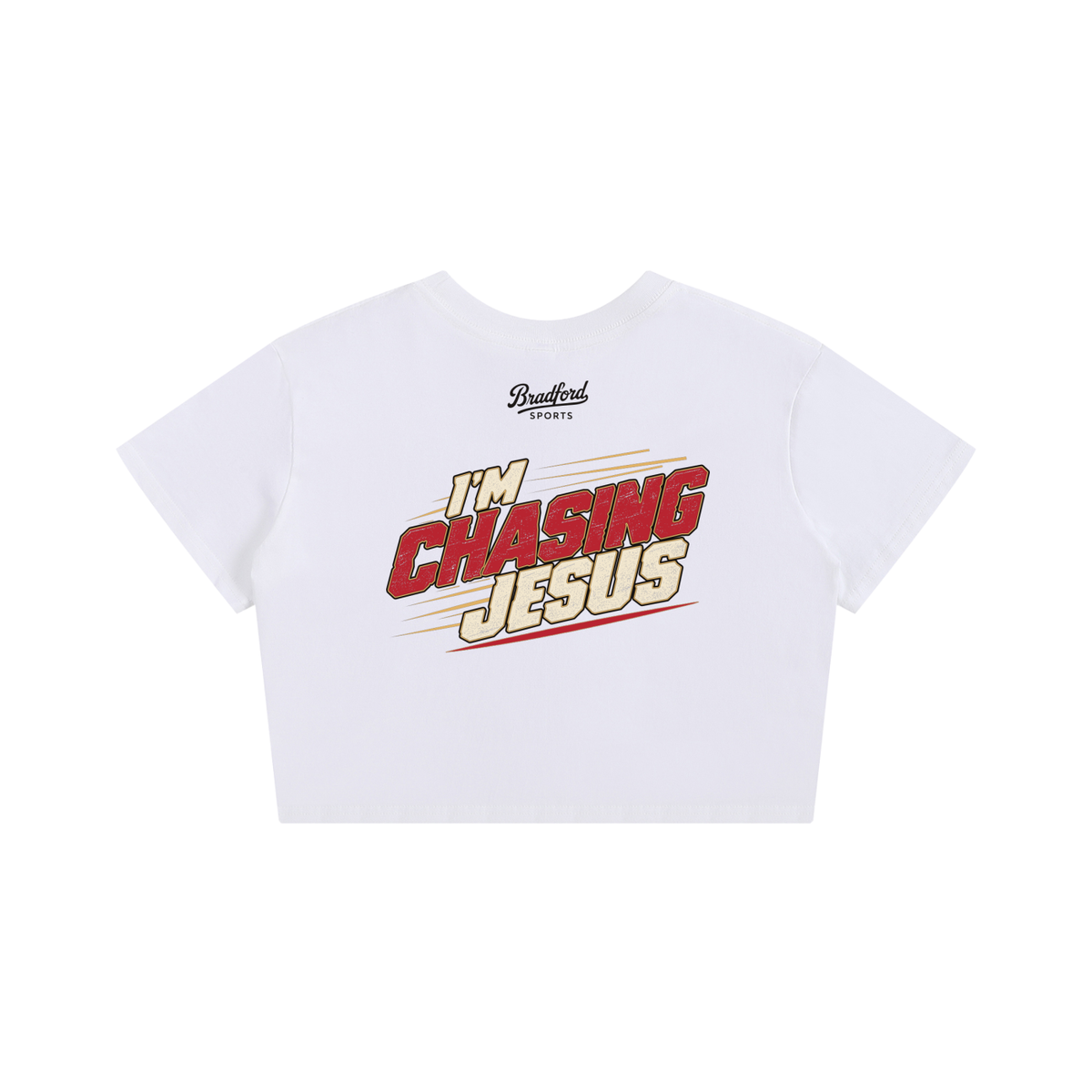I'm Chasing Jesus Women's Baby Tee in White, back view with the full varsity red graphic