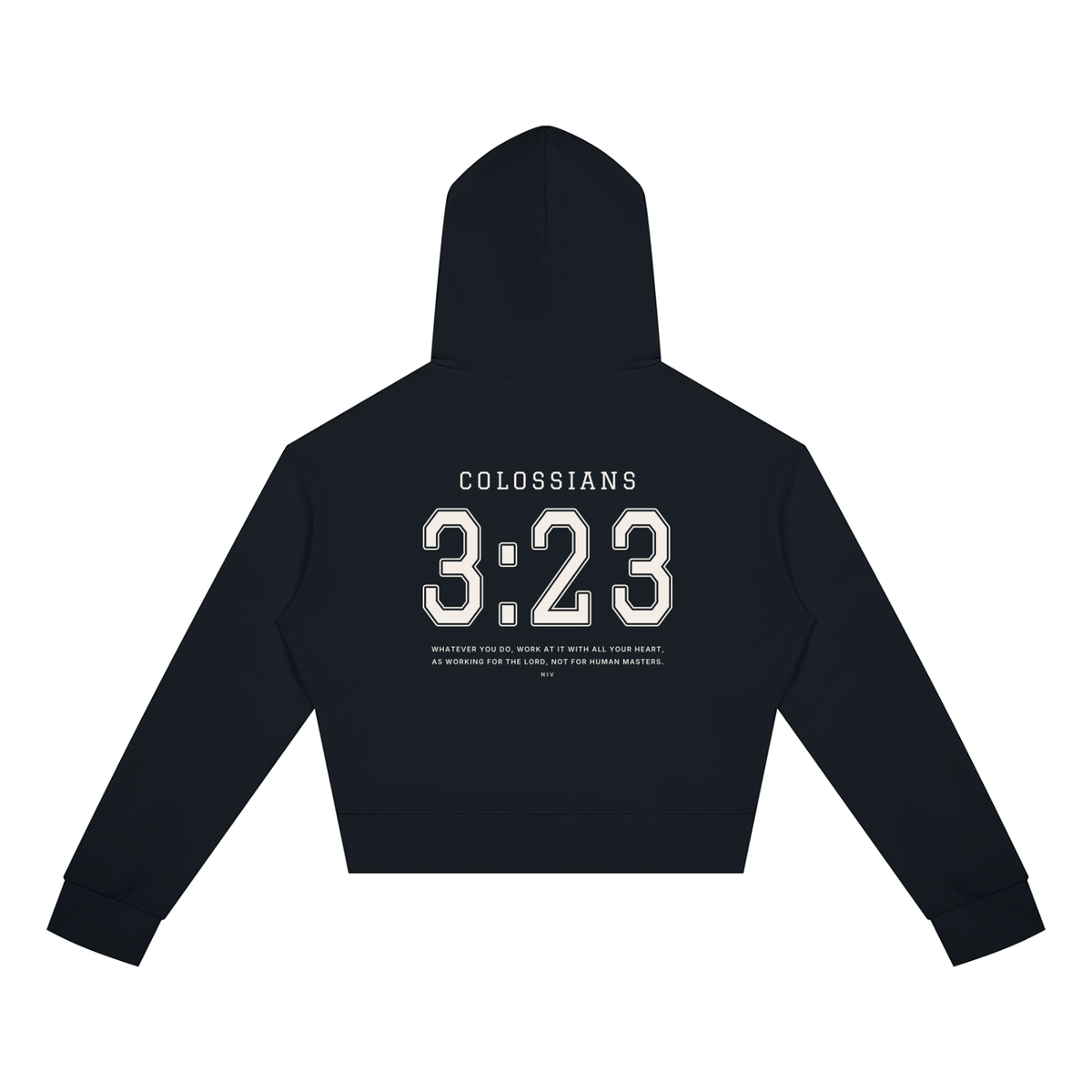 Colossians 3:23 women's crop zip hoodie in black, back with COLOSSIANS 3:23 jersey numbers and verse