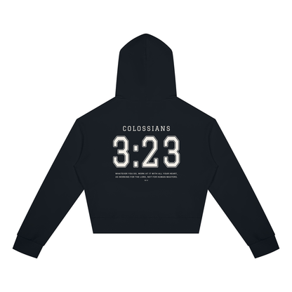 Colossians 3:23 women's crop zip hoodie in black, back with COLOSSIANS 3:23 jersey numbers and verse