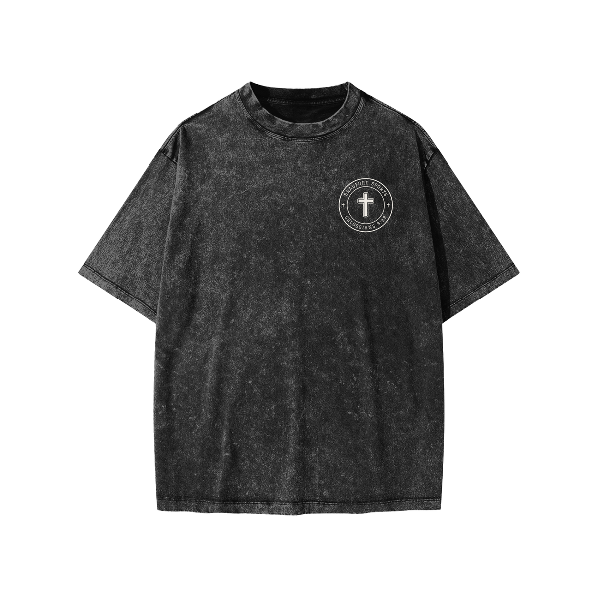 Colossians 3:23 youth tee in washed black, front with Bradford Sports cross seal on the left chest