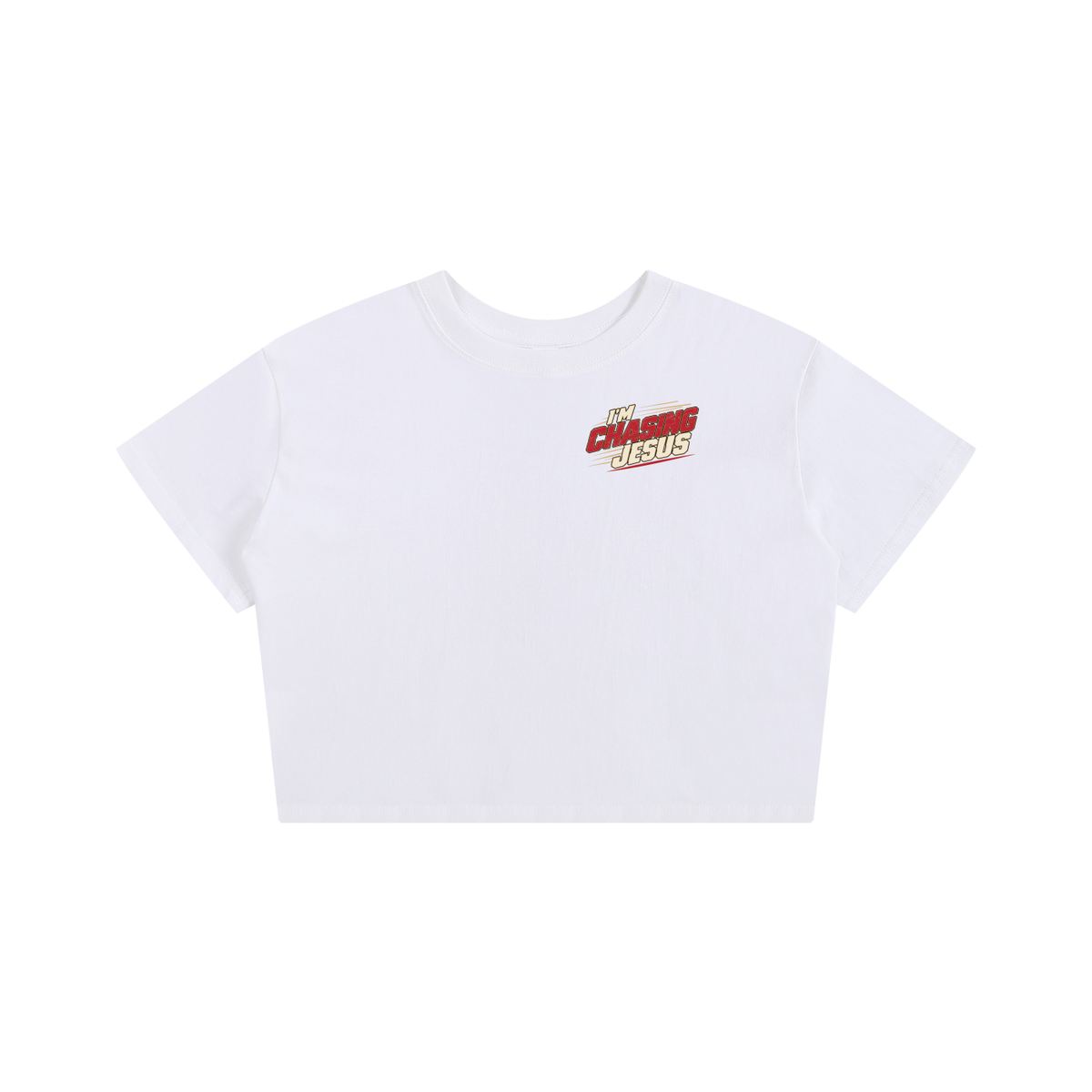 I'm Chasing Jesus Women's Baby Tee in White, front view with the left chest graphic