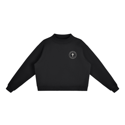 Colossians 3:23 women's mock neck in black, front with Bradford Sports cross seal on the left chest