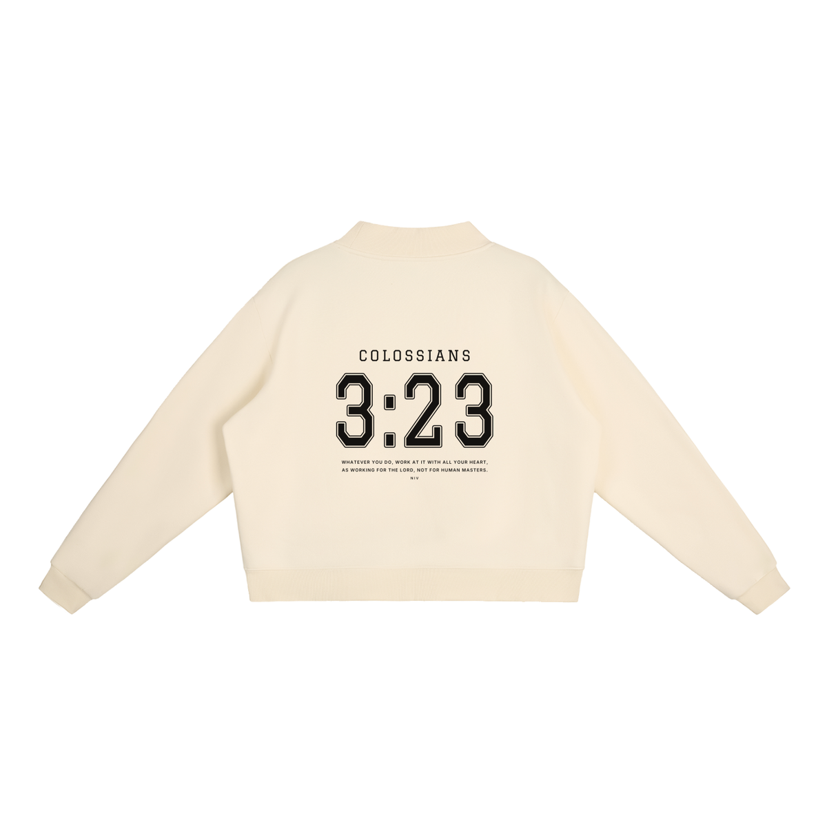 Colossians 3:23 women's mock neck in cream, back with COLOSSIANS 3:23 jersey numbers and verse