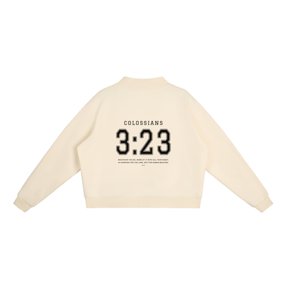 Colossians 3:23 women's mock neck in cream, back with COLOSSIANS 3:23 jersey numbers and verse