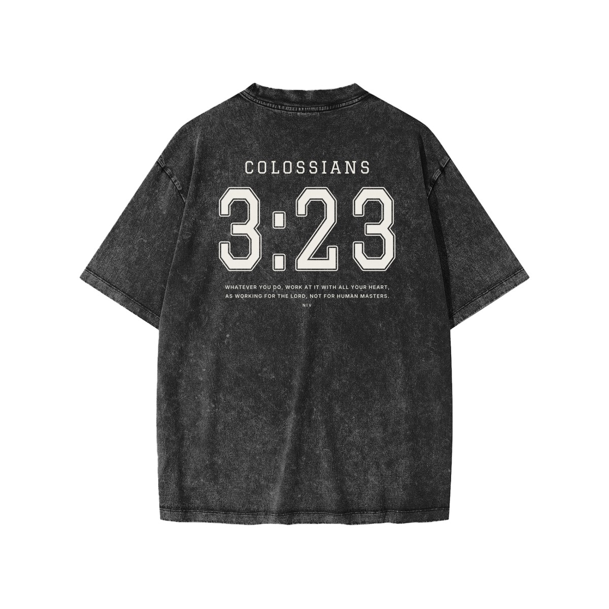 Colossians 3:23 youth tee in washed black, back with COLOSSIANS 3:23 jersey numbers and verse