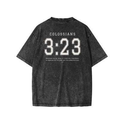 Colossians 3:23 youth tee in washed black, back with COLOSSIANS 3:23 jersey numbers and verse
