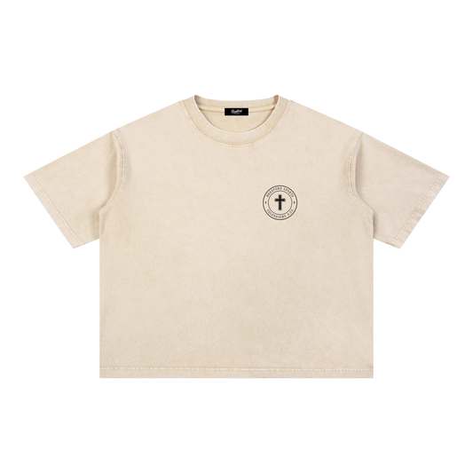 Colossians 3:23 tee in cream, front with Bradford Sports cross seal on the left chest