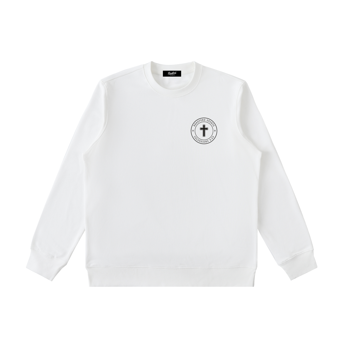 Colossians 3:23 crewneck in beige, front with Bradford Sports cross seal on the left chest