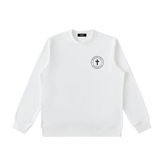 Colossians 3:23 crewneck in beige, front with Bradford Sports cross seal on the left chest
