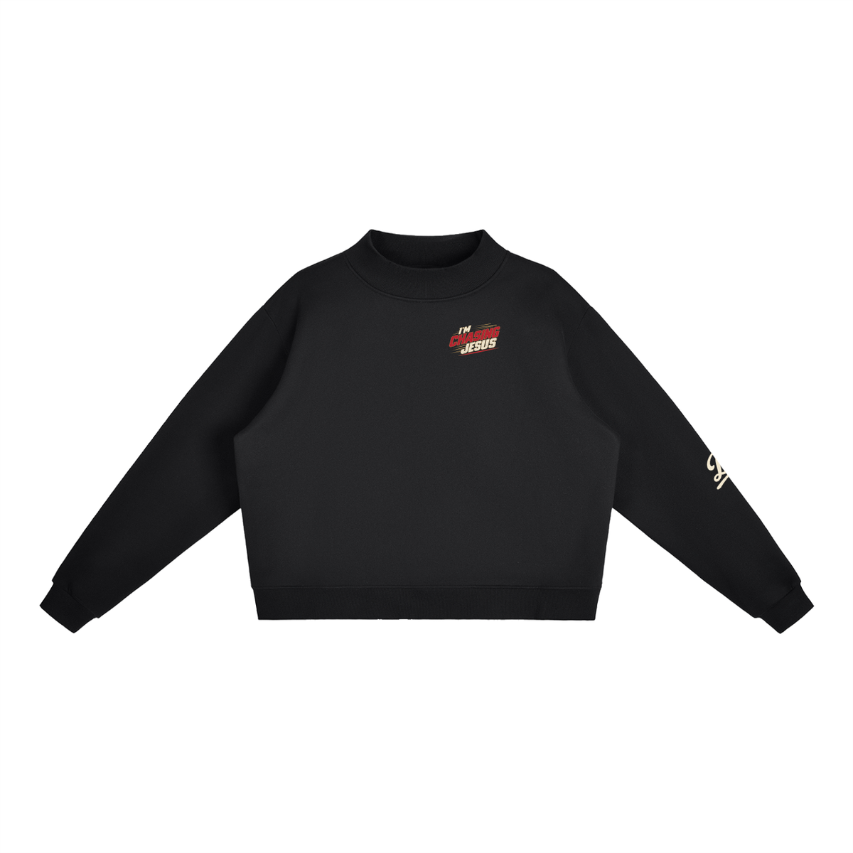 I'm Chasing Jesus Women's Mock Neck in Black, front view with the left chest graphic