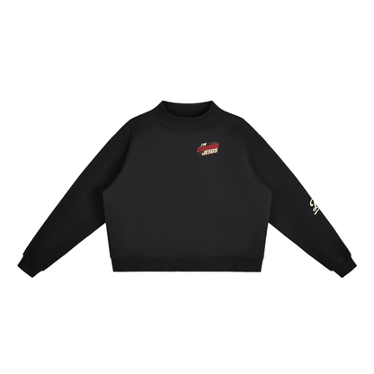 I'm Chasing Jesus Women's Mock Neck in Black, front view with the left chest graphic