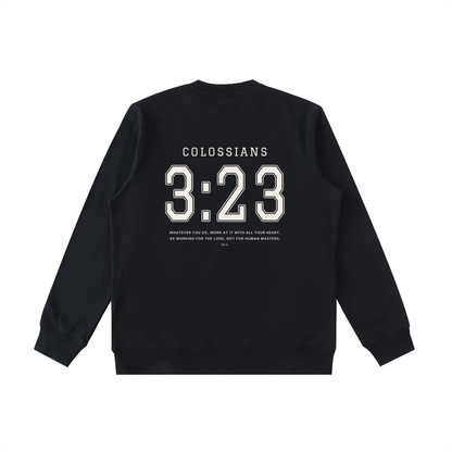 Colossians 3:23 crewneck in black, back with COLOSSIANS 3:23 jersey numbers and verse