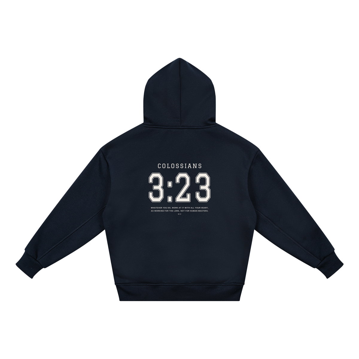 Colossians 3:23 youth hoodie in navy, back with COLOSSIANS 3:23 jersey numbers and verse