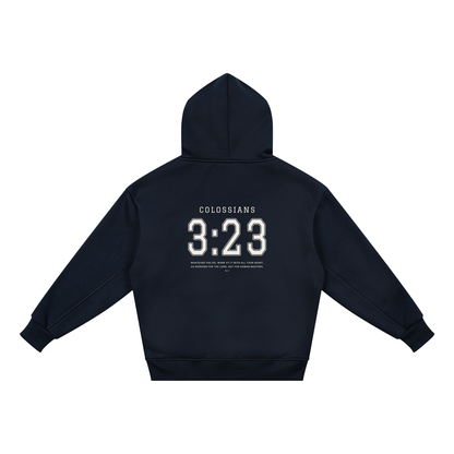 Colossians 3:23 youth hoodie in navy, back with COLOSSIANS 3:23 jersey numbers and verse