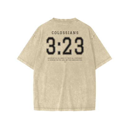 Colossians 3:23 youth tee in sand, back with COLOSSIANS 3:23 jersey numbers and verse