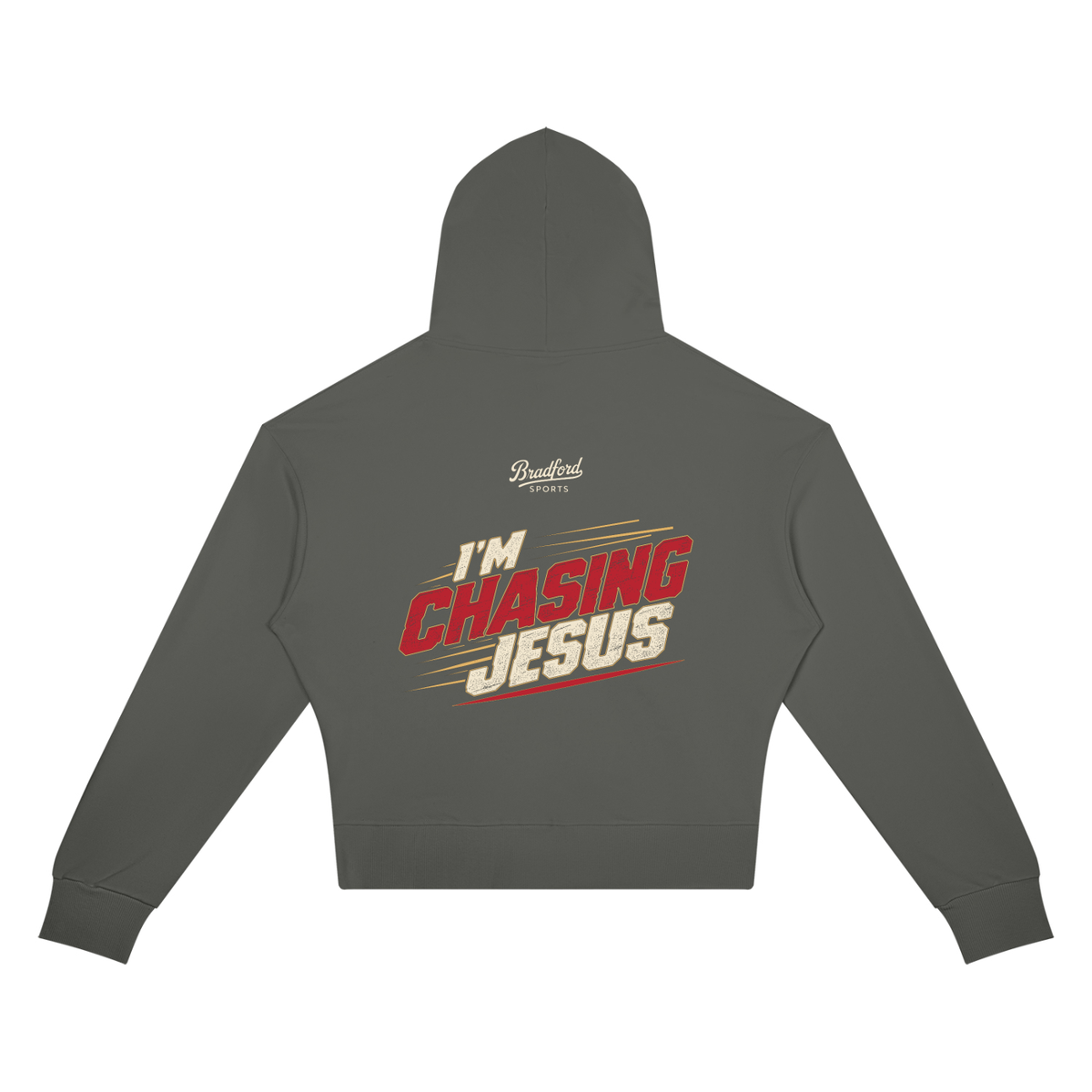 I'm Chasing Jesus Women's Crop Hoodie in Charcoal, back view with the full varsity red graphic