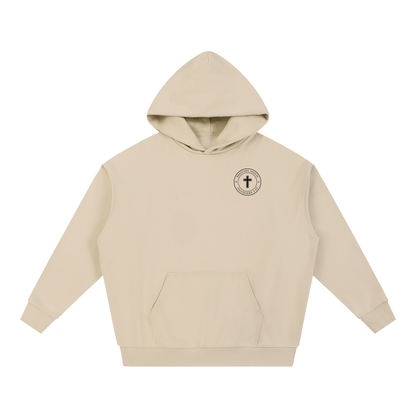 Colossians 3:23 hoodie in sand, front with Bradford Sports cross seal on the left chest