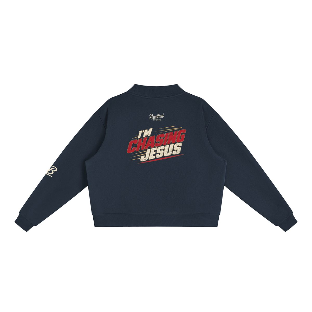 I'm Chasing Jesus Women's Mock Neck in Navy, back view with the full varsity red graphic