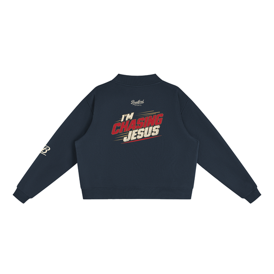 I'm Chasing Jesus Women's Mock Neck in Navy, back view with the full varsity red graphic