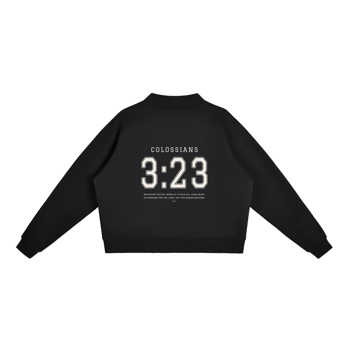Colossians 3:23 women's mock neck in black, back with COLOSSIANS 3:23 jersey numbers and verse
