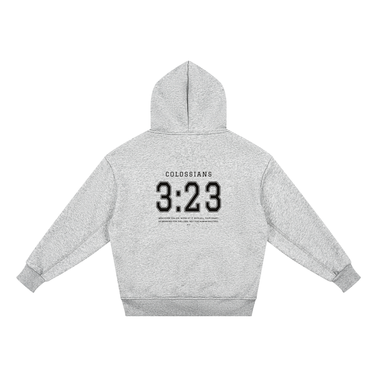Colossians 3:23 youth hoodie in heather gray, back with COLOSSIANS 3:23 jersey numbers and verse