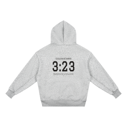 Colossians 3:23 youth hoodie in heather gray, back with COLOSSIANS 3:23 jersey numbers and verse