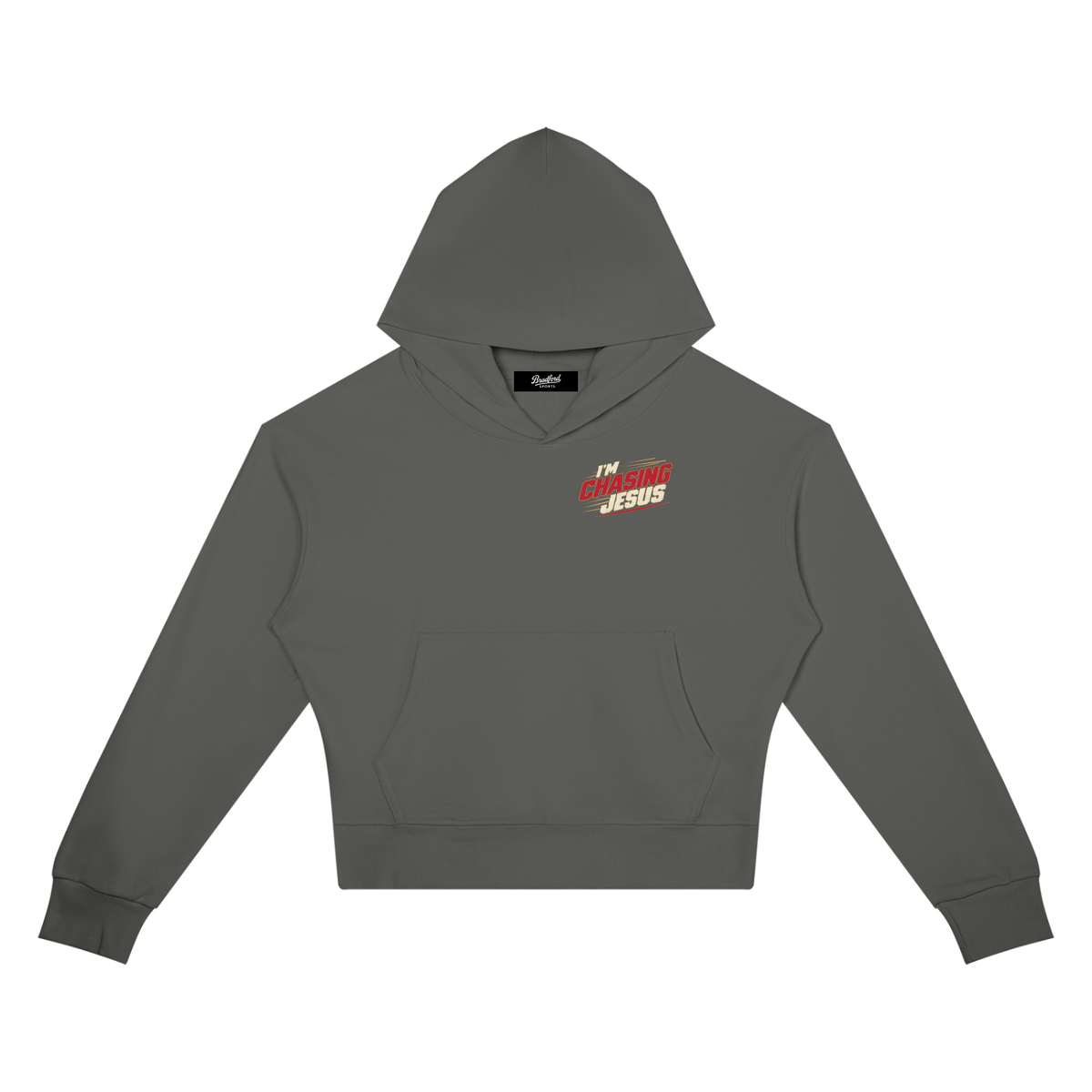 I'm Chasing Jesus Women's Crop Hoodie in Charcoal, front view with the left chest graphic