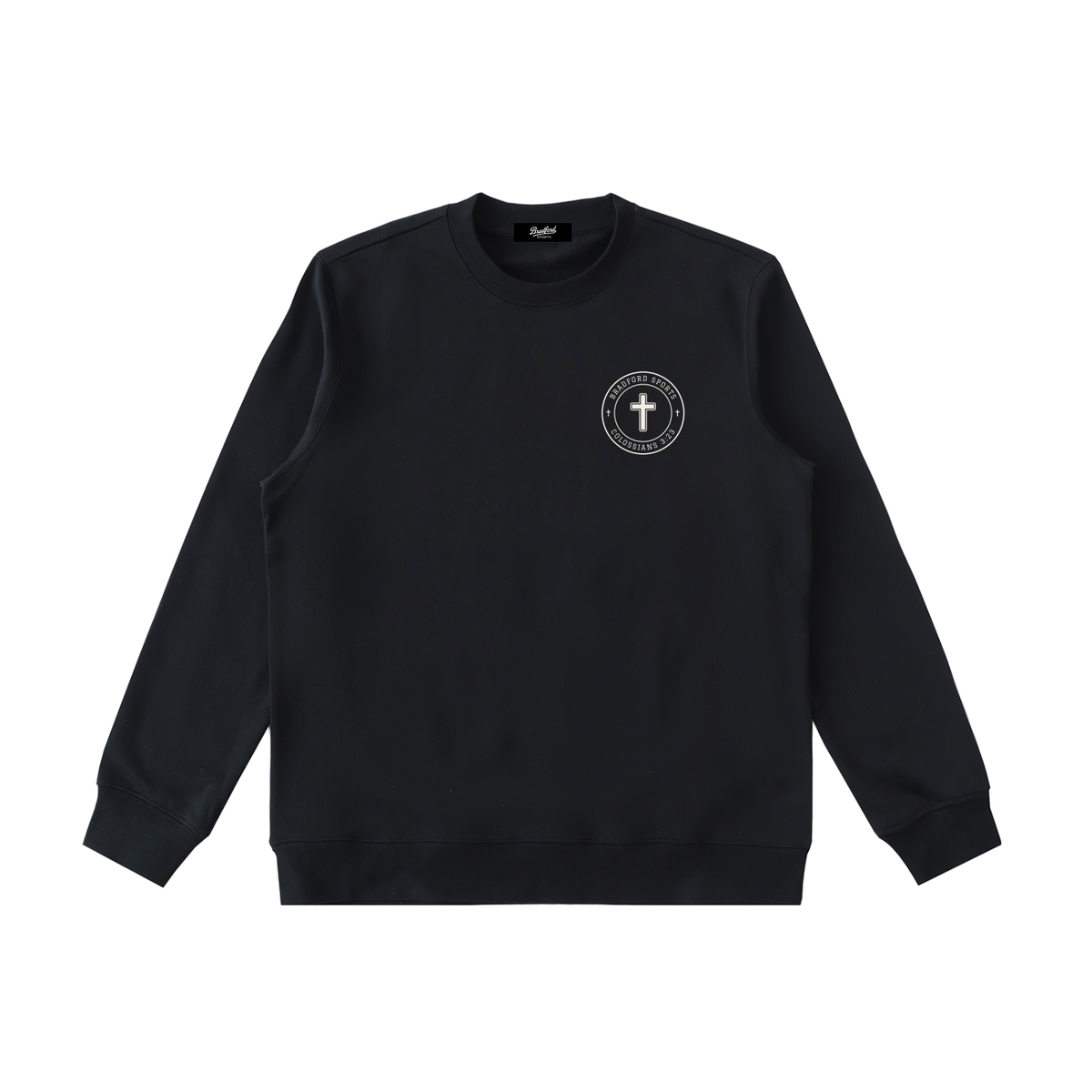 Colossians 3:23 crewneck in black, front with Bradford Sports cross seal on the left chest