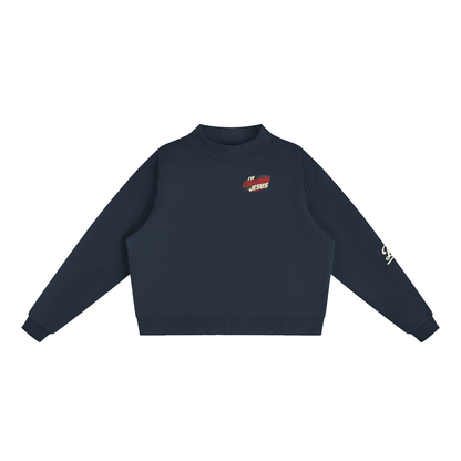 I'm Chasing Jesus Women's Mock Neck in Navy, front view with the left chest graphic