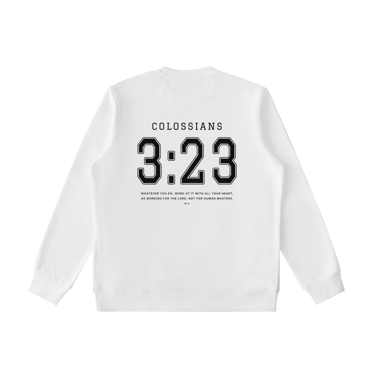 Colossians 3:23 crewneck in beige, back with COLOSSIANS 3:23 jersey numbers and verse