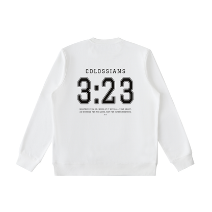 Colossians 3:23 crewneck in beige, back with COLOSSIANS 3:23 jersey numbers and verse