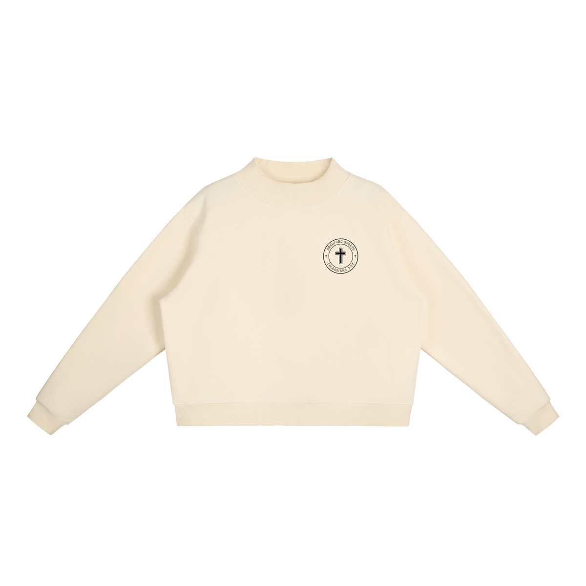 Colossians 3:23 women's mock neck in cream, front with Bradford Sports cross seal on the left chest