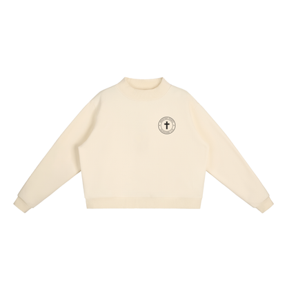 Colossians 3:23 women's mock neck in cream, front with Bradford Sports cross seal on the left chest