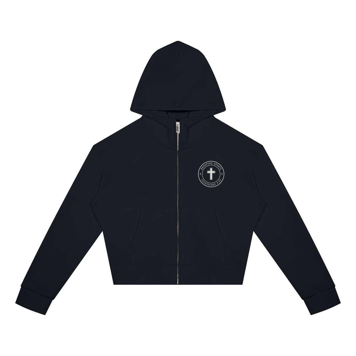 Colossians 3:23 women's crop zip hoodie in black, front with Bradford Sports cross seal on the left chest
