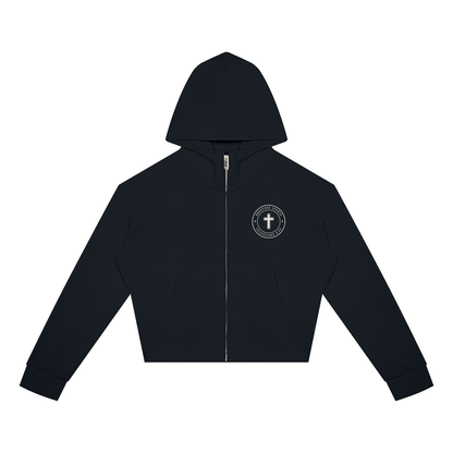 Colossians 3:23 women's crop zip hoodie in black, front with Bradford Sports cross seal on the left chest