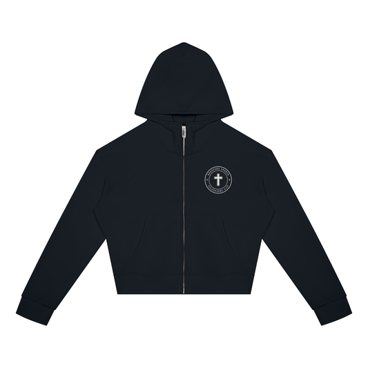 Colossians 3:23 women's crop zip hoodie in black, front with Bradford Sports cross seal on the left chest