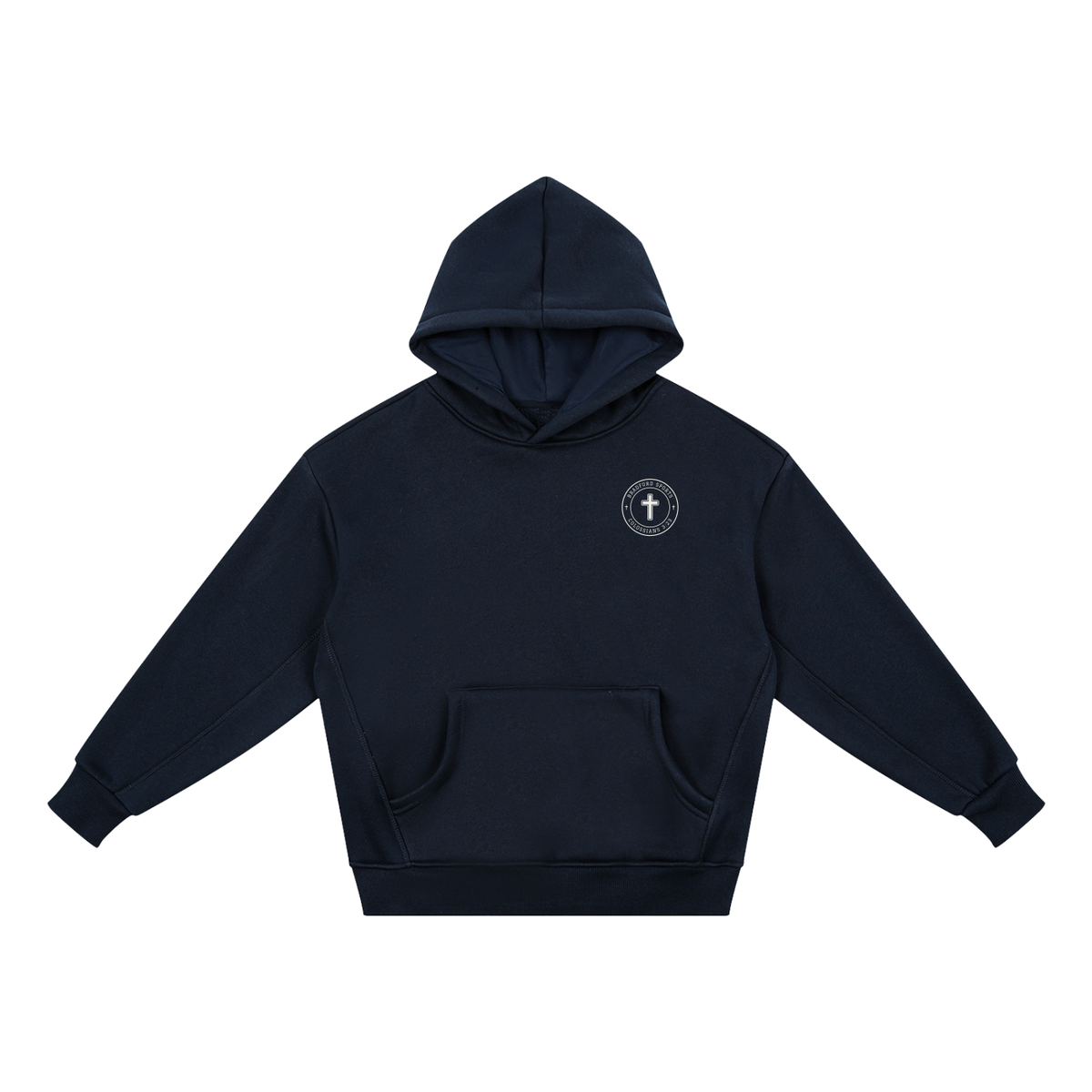 Colossians 3:23 youth hoodie in navy, front with Bradford Sports cross seal on the left chest