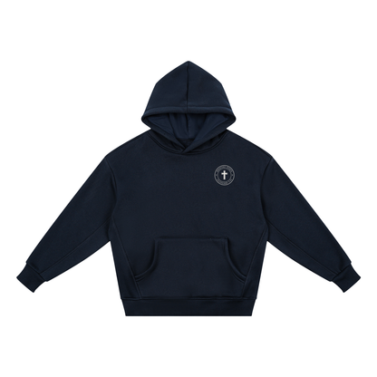 Colossians 3:23 youth hoodie in navy, front with Bradford Sports cross seal on the left chest