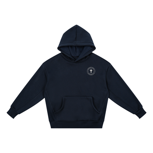 Colossians 3:23 youth hoodie in navy, front with Bradford Sports cross seal on the left chest