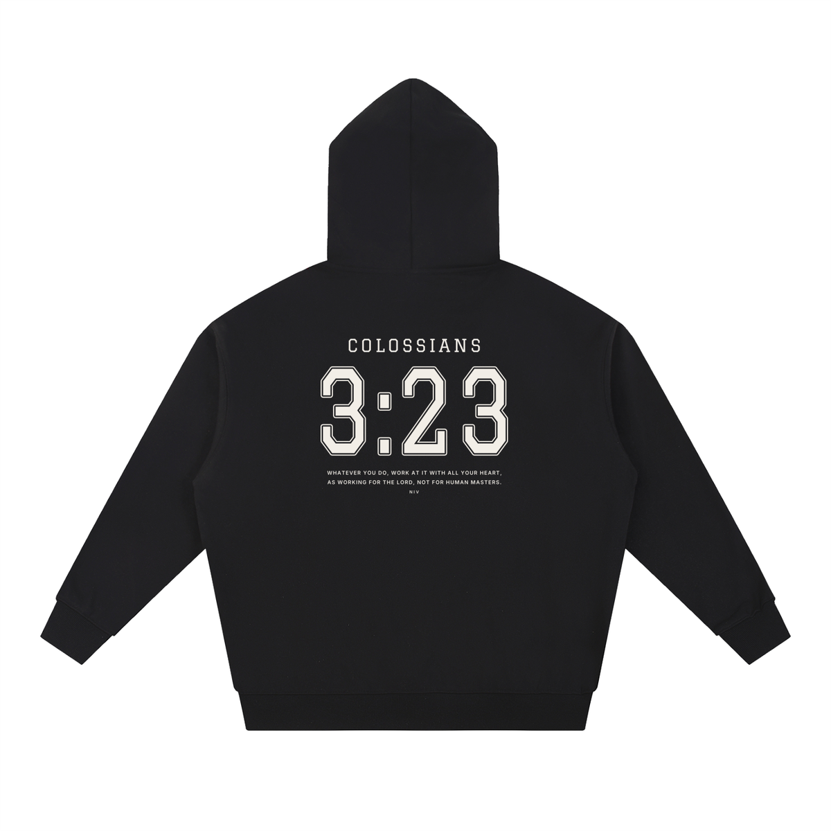 Colossians 3:23 hoodie in black, back with COLOSSIANS 3:23 jersey numbers and verse