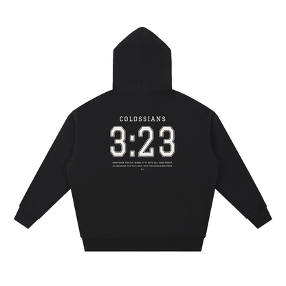 Colossians 3:23 hoodie in black, back with COLOSSIANS 3:23 jersey numbers and verse