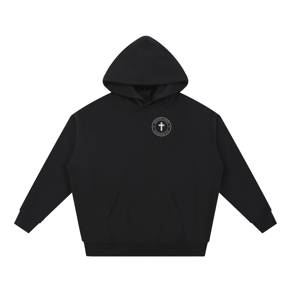 Colossians 3:23 hoodie in black, front with Bradford Sports cross seal on the left chest