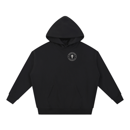 Colossians 3:23 hoodie in black, front with Bradford Sports cross seal on the left chest
