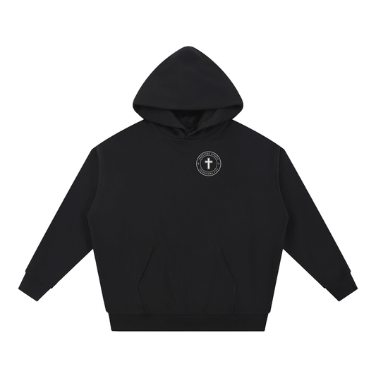 Colossians 3:23 hoodie in black, front with Bradford Sports cross seal on the left chest