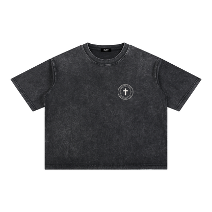 Colossians 3:23 tee in washed black, front with Bradford Sports cross seal on the left chest