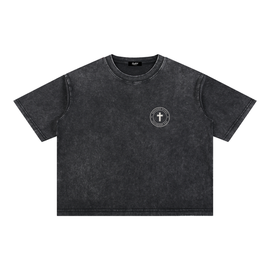 Colossians 3:23 tee in washed black, front with Bradford Sports cross seal on the left chest