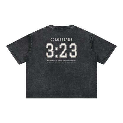 Colossians 3:23 tee in washed black, back with COLOSSIANS 3:23 jersey numbers and verse
